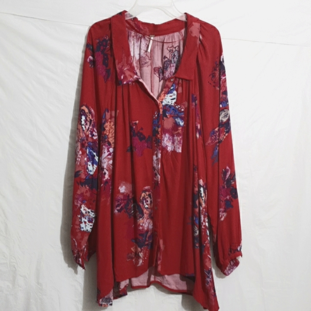 Free People Red Floral Button-Up Blouse